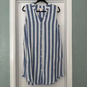 Cynthia Rowley Dress Blue White Striped Linen Blend Tunic Shirt Dress Size Large